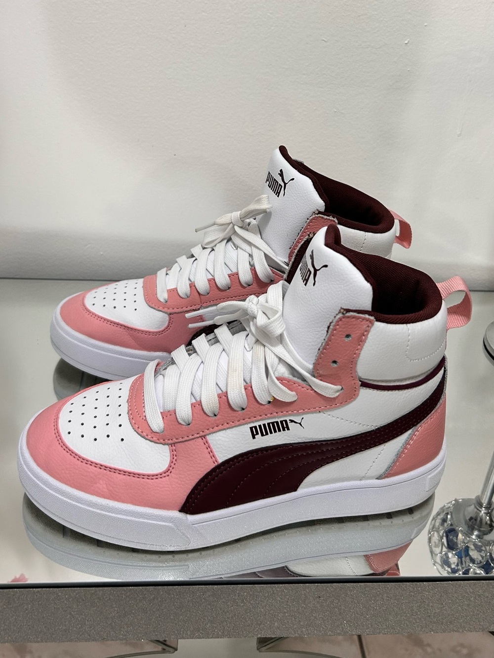 Pink White High Top Court Sneakers Women Size 6 Streetwear Casual